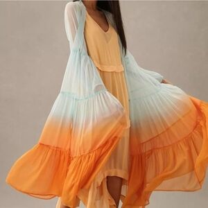 Anthropologie Sheer Tiered Ombre Duster Orange & Light Blue NIP$200